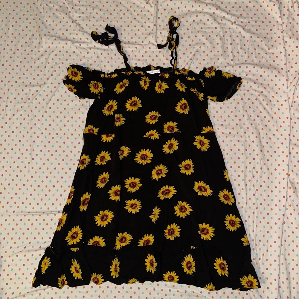 Dressfo Black Sunflower Print Off Shoulder Dress - XL, Flowy & Lightweight
